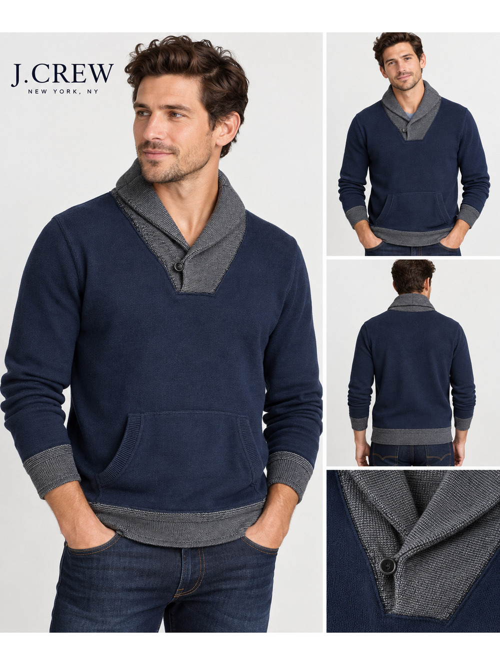 J.Crew Men's Shawl Collar Pullover Sweater Navy Gray 100% Cotton Size S